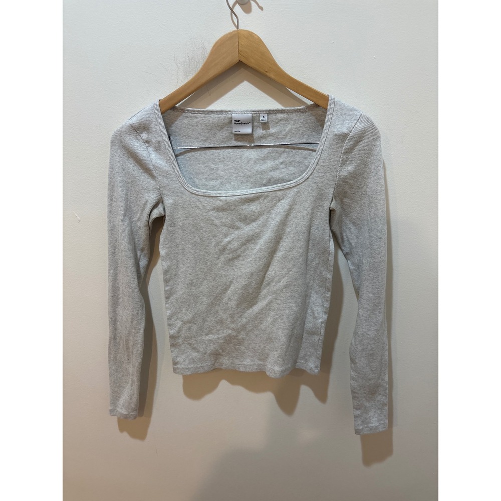 TNA Aritzia HomeStretch Squareneck Long Sleeve Top Heather Grey Ribbed Small